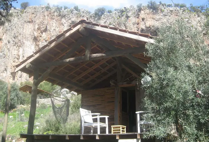 Antik II'nin çatı kirişleri, sandalye, ağaç ve arkada kayalık