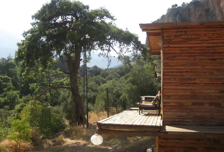 Holzterrasse von Nar unter einer Kiefer mit Stuhl